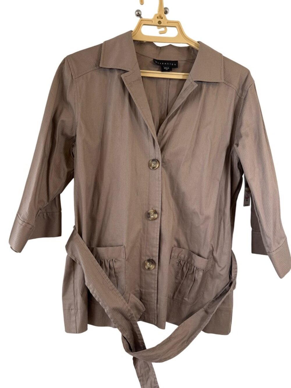 Beige 3/4 Sleeve Tie Waist Fall Layering Academic Button Up Top Sz 14 NWT